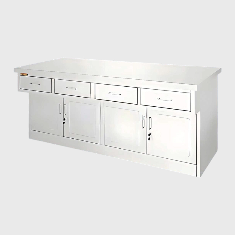 Sairaalan ruostumattomasta teräksestä valmistettu työpöytä laatikoilla